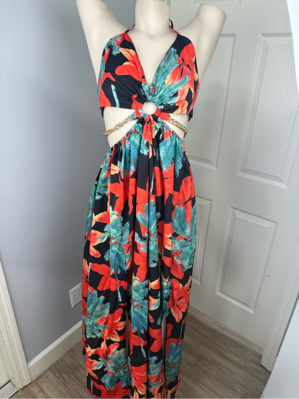 Backless Floral Halter Maxi Dress in Black with Red & Teal Floral Print
